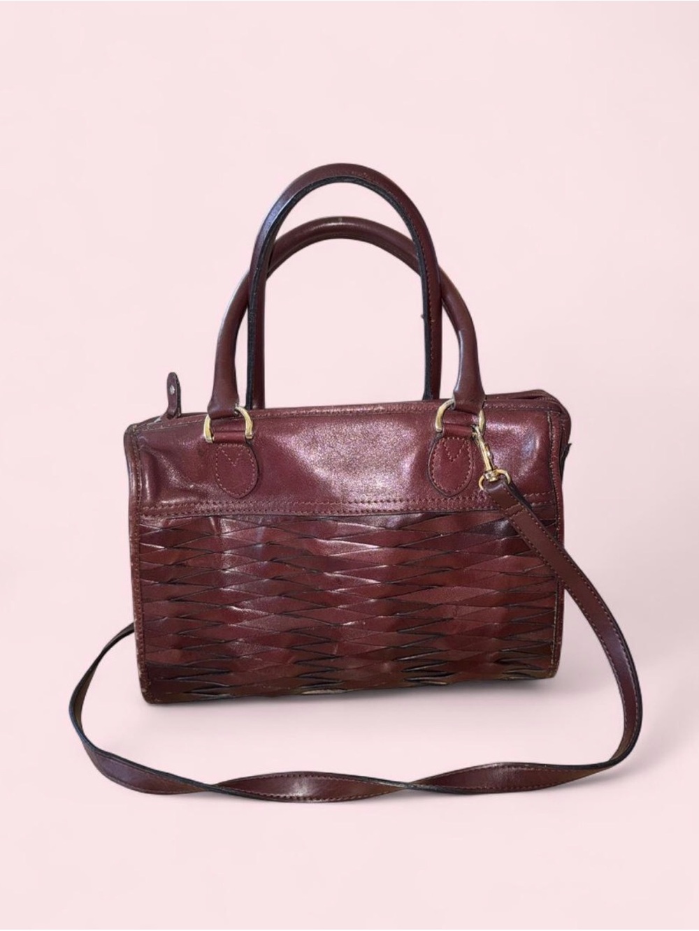 Coletta Leather Woven Satchel Handbag - Burgundy